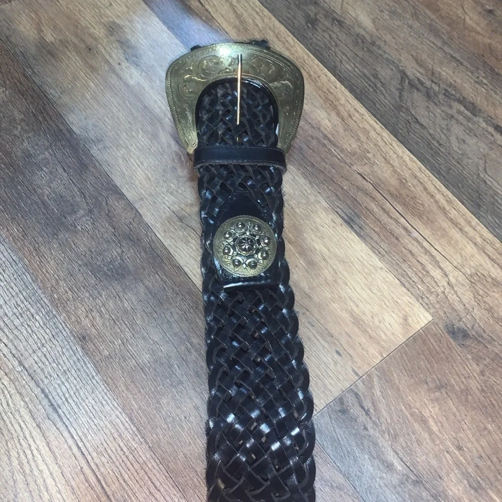 XS/SmallVintage Black Braided Leather Wide Belt With Ornate Carved Gold Buckle 0